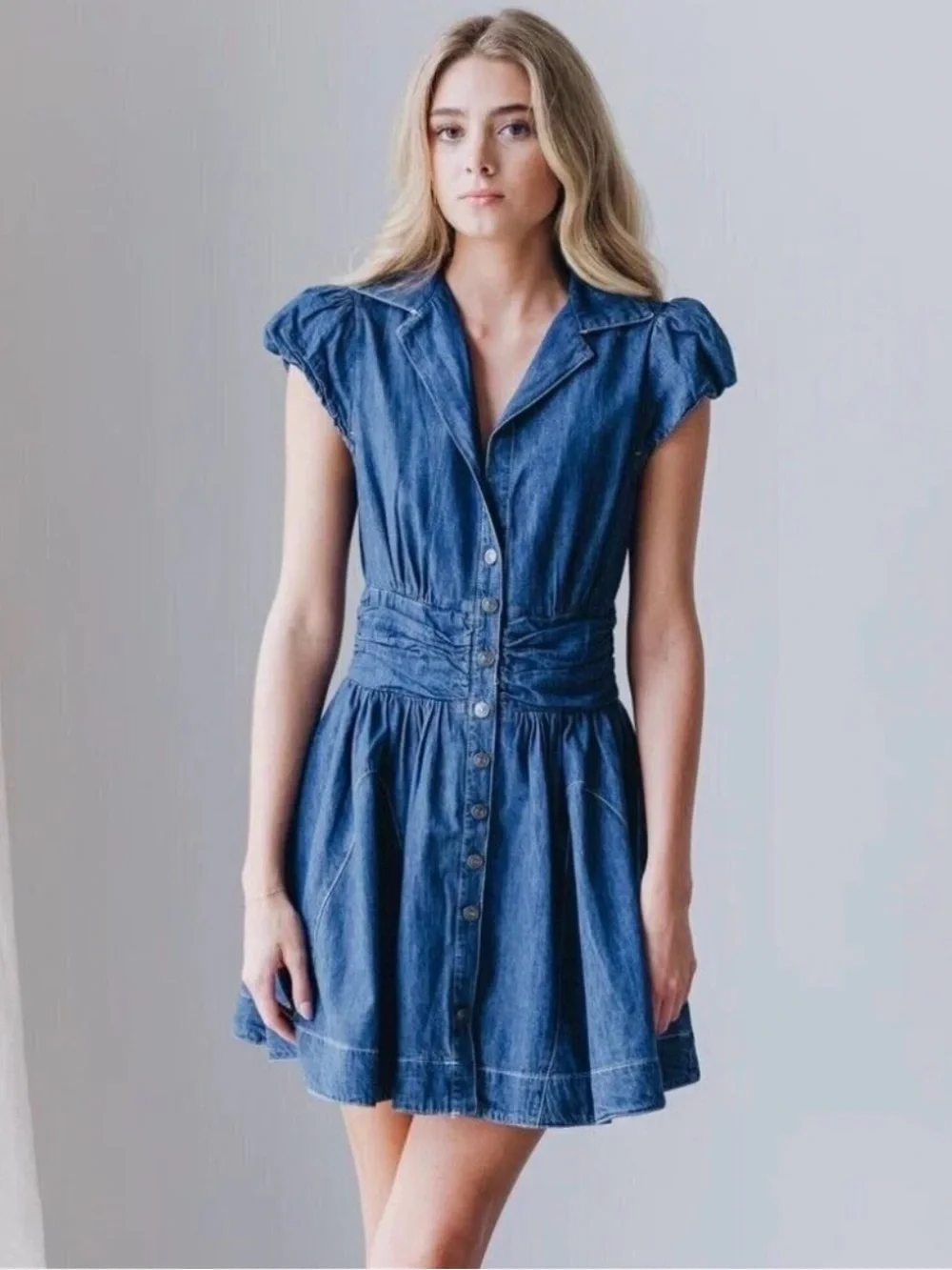 Free People Chester Denim Mini Dress Smocked Waist Small $128 - Picture 4 of 16